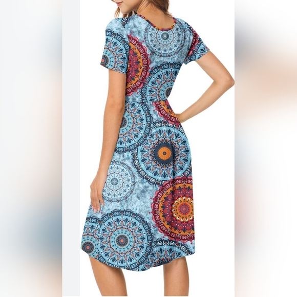 DB Moon Blue Multicolor Mandala Pattern Boho Short Sleeve Dress/Size L - Picture 2 of 11